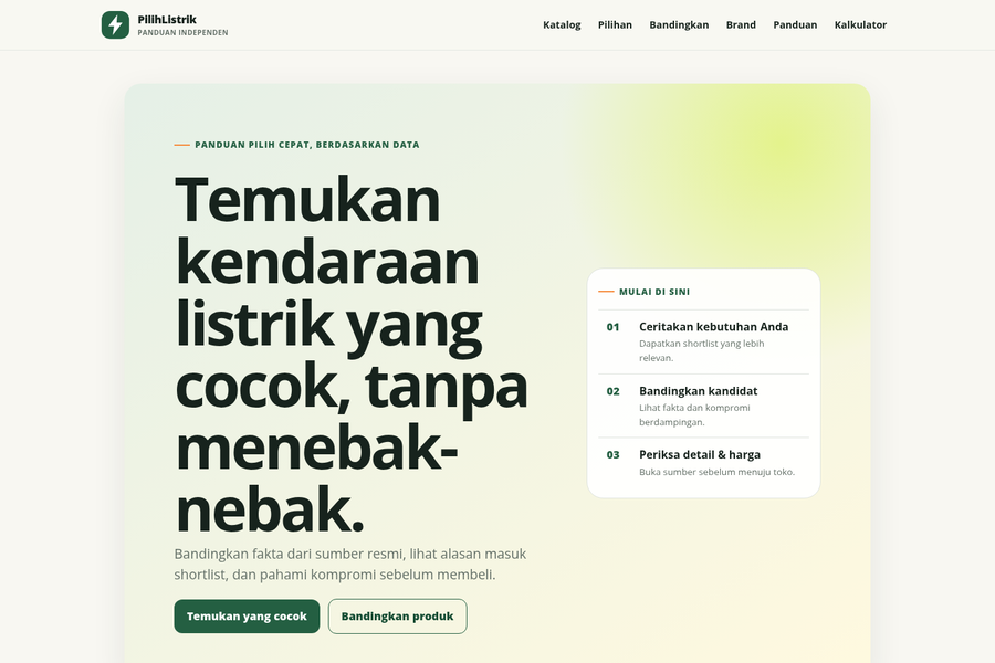 Screenshot beranda demo PilihListrik untuk niche sepeda dan motor listrik