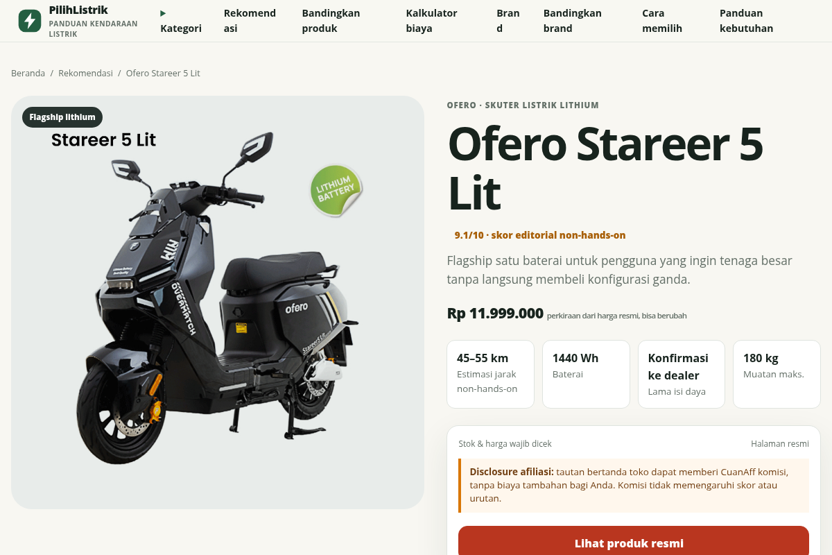Tampilan review produk Ofero Stareer 5 Lit di PilihListrik